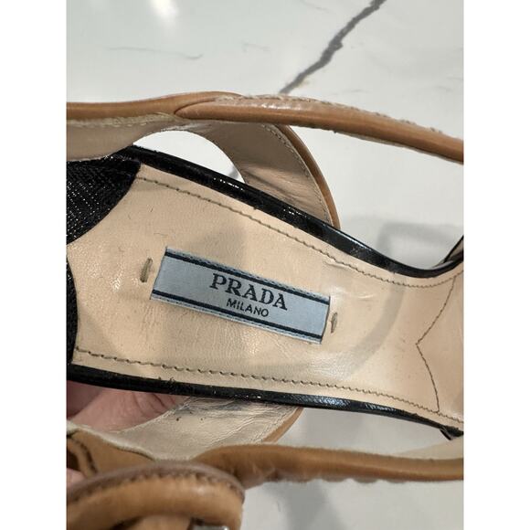 Prada black patent & tan leather bow high block heel Cork platform sandals Sz 40 - Picture 2 of 10